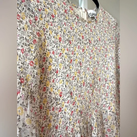 Ganni Floral Babydoll Mini Dress Long Sleeve Ditsy Print Pleated